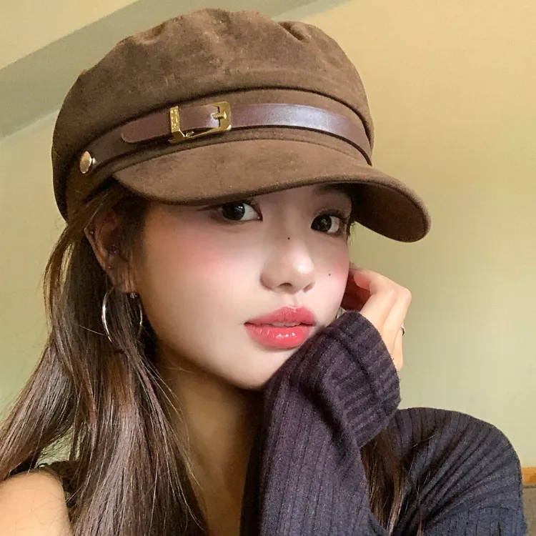 英伦风皮带扣平顶贝雷帽女时尚文艺复古百搭大头围显脸小画家帽子