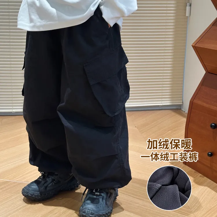 男童一体绒工装裤儿童冬季加绒保暖休闲裤中大童韩版加厚裤子童装