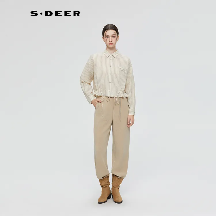 S·DEER圣迪奥女装衬衣长袖短款上衣百搭秋季条纹衬衫S253Z0556