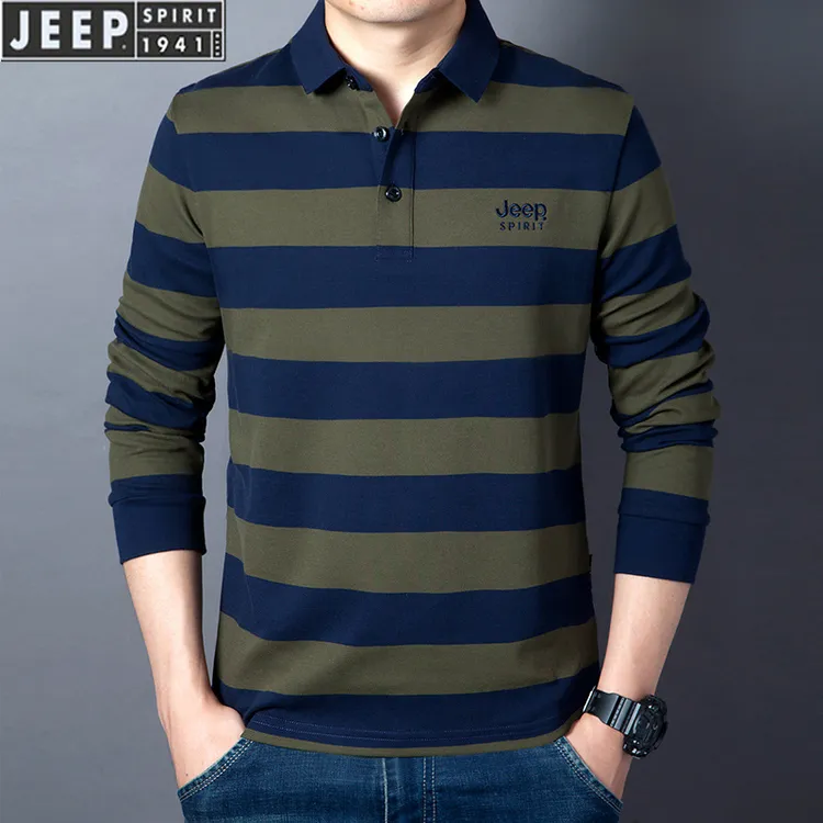 JEEP SPIRIT吉普春秋长袖polo衫中年男士纯棉休闲条纹大码翻领t恤