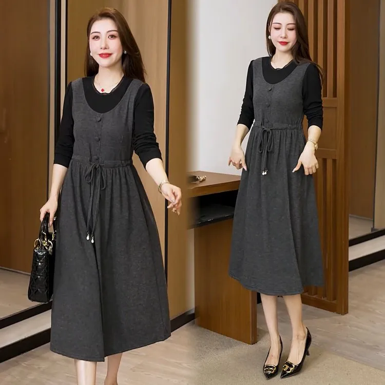 2025春秋新款时尚洋气背心假两件连衣裙女收腰显瘦中长款打底裙子