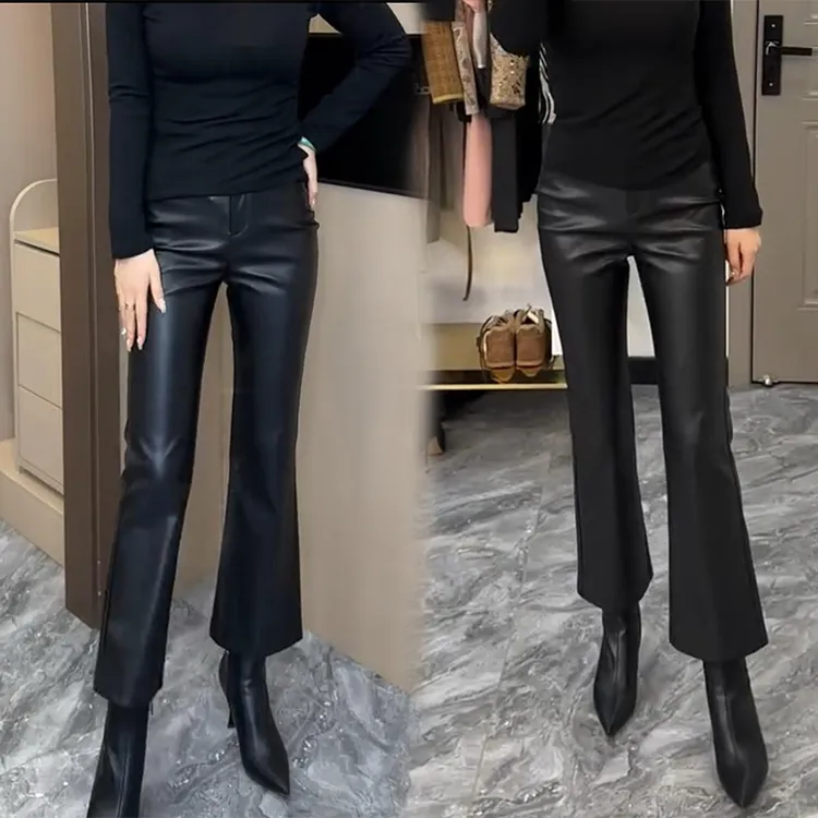 欧货通勤轻职风高腰加绒蛋白PU皮微喇裤女黑色修身显瘦百搭九分裤