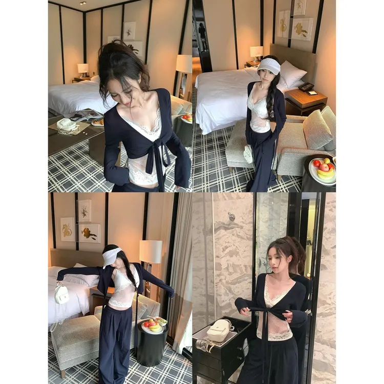 设计感V领徭肌理感吊带+短款系带上衣+高腰阔腿裤C 9083#