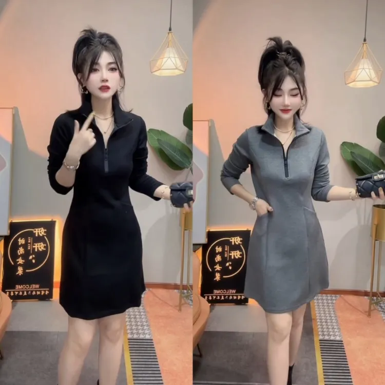 秋季新款简约气质中长款显瘦修身连衣裙休闲百搭长袖高品质连衣裙
