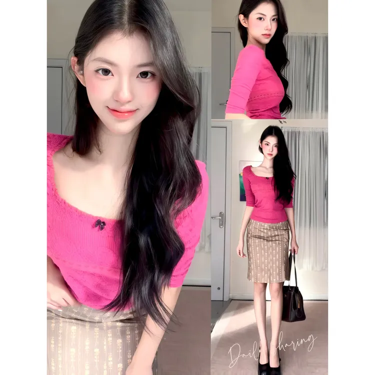 玫红色小方领上衣别致小众花边七分袖针织衫中长款复古包臀半身裙