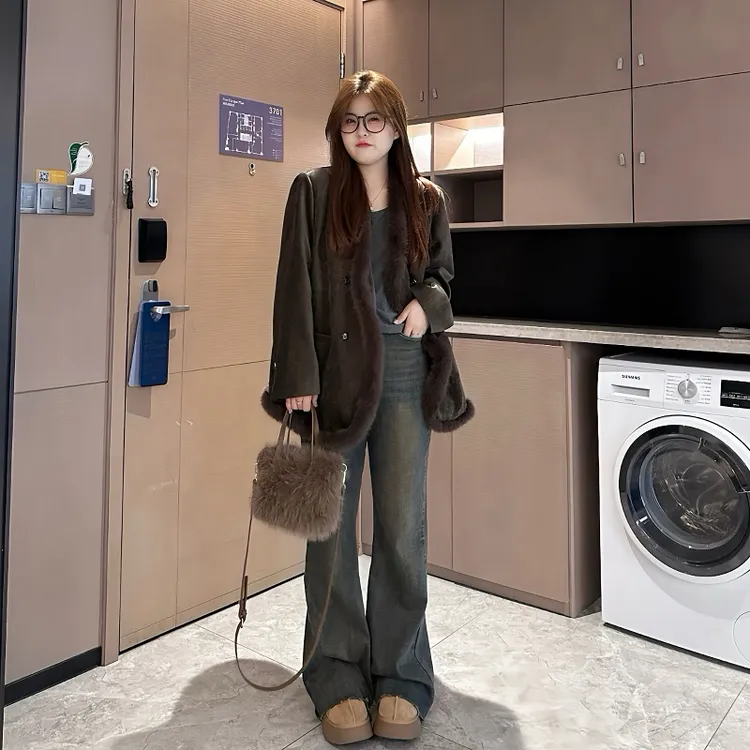 盈盈&南岛风大码胖mm新款美拉德宽松微胖拼接毛毛外套女士ZYY104