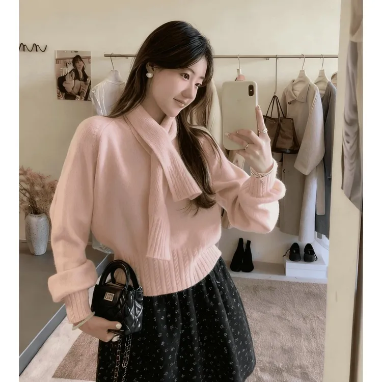 【原版送围巾】圆领套头针织毛衣百搭宽松气质秋冬新款毛针织衫内搭