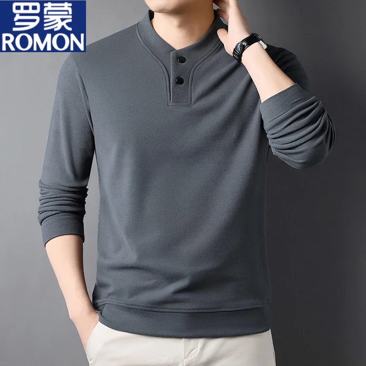 Romon/罗蒙男士秋冬季高档纯色德绒卫衣半高领保暖双面绒打底衫