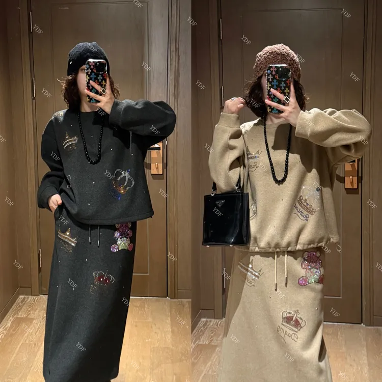 YDFSTUDIO小众【星光筑梦】欧货重工烫钻设计套头上衣+半身裙套装