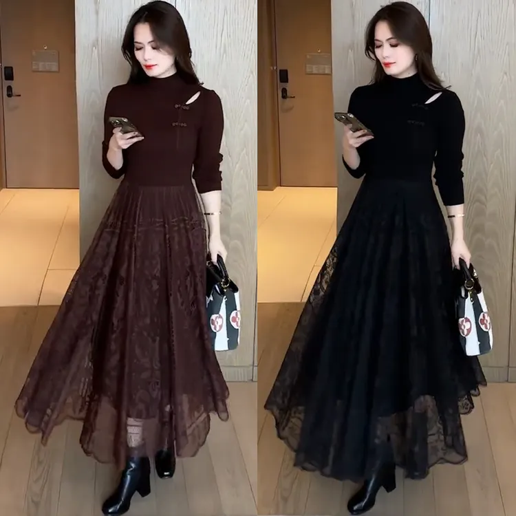 拉夏贝尔中长款假两件连衣裙秋冬新款时尚显瘦高级感蕾丝A字裙