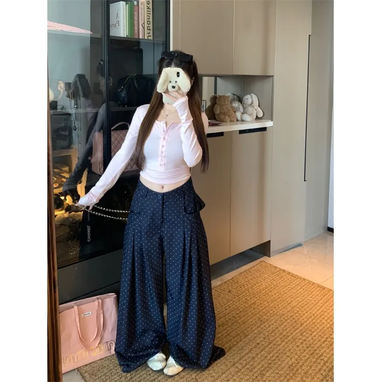 粉色长袖小众半开领短款T恤女秋季宽松波点休闲裤长裤甜辣两件套