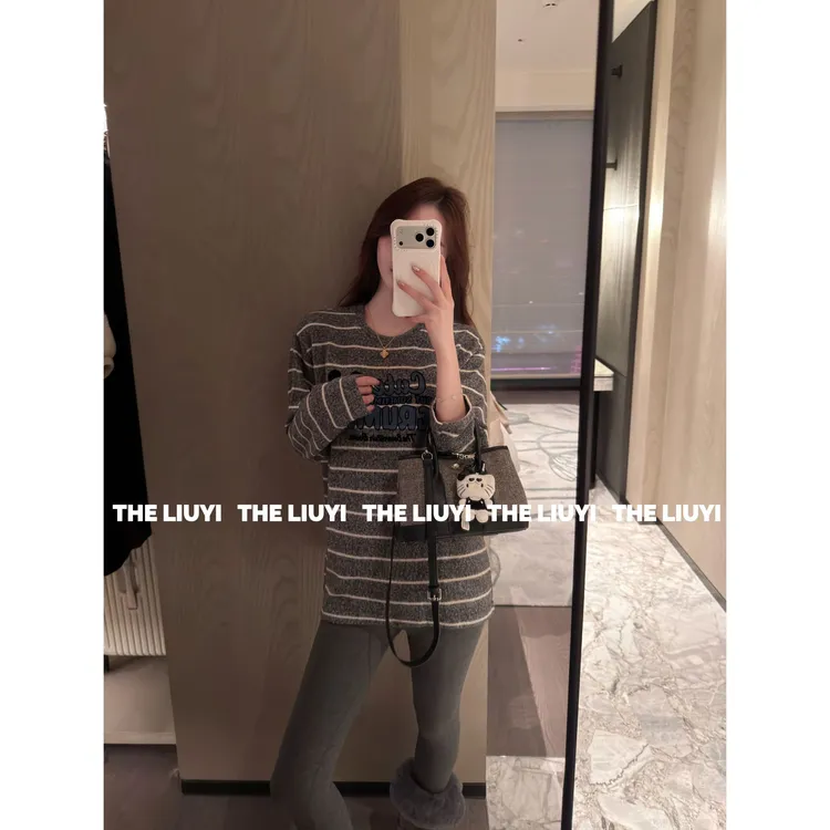 【LIUYI】双面绒条纹撞色大版套头长袖卫衣T恤51110B2