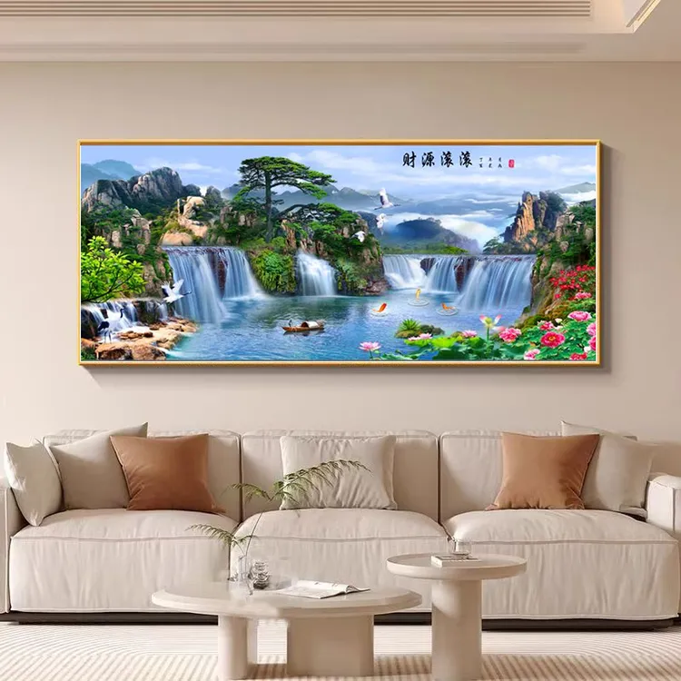 迎客松新中式青绿挂画沙发背景墙大气挂画绿水青山背景墙山河