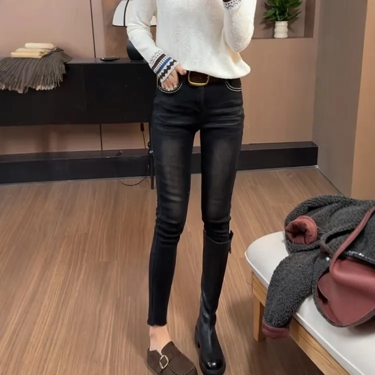 秋冬新款欧货明线修身牛仔小脚裤大码女装高腰显瘦加绒九分铅笔裤