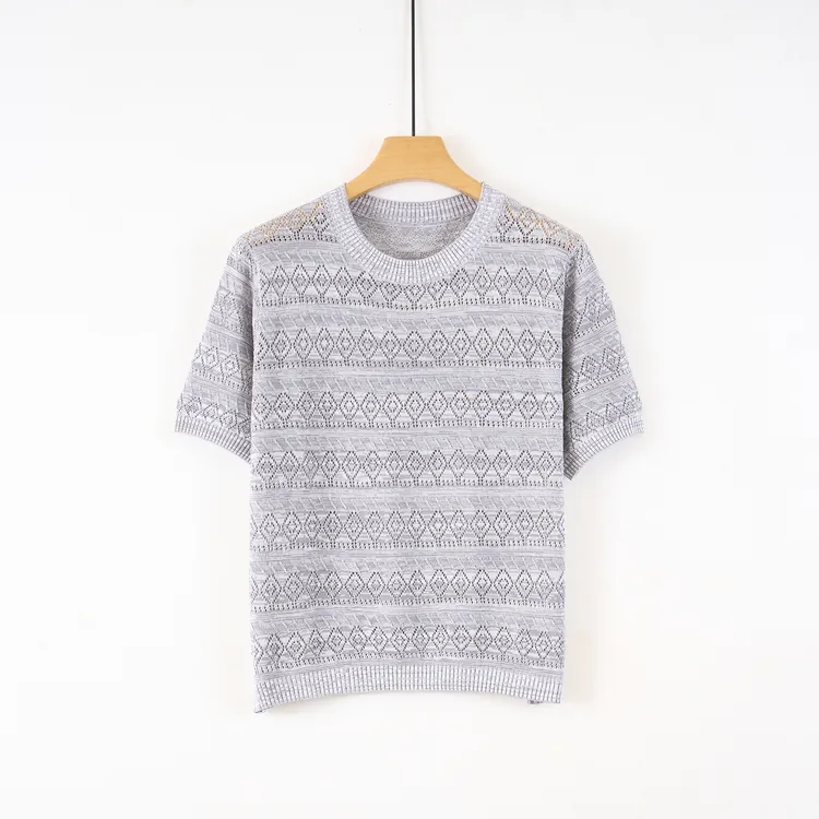天山精品【100桑蚕丝】夏季新款短袖女款针织衫镂空上衣-YTNL5646T