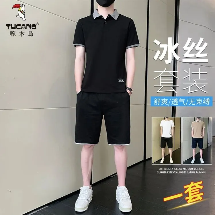 啄木鸟夏季休闲短袖套装Polo衫男士帅气新款运动时尚T恤男款品质