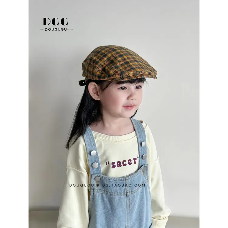 儿童帽子春秋款格子前进帽女童覆古英伦风画家帽男女童复古画家帽