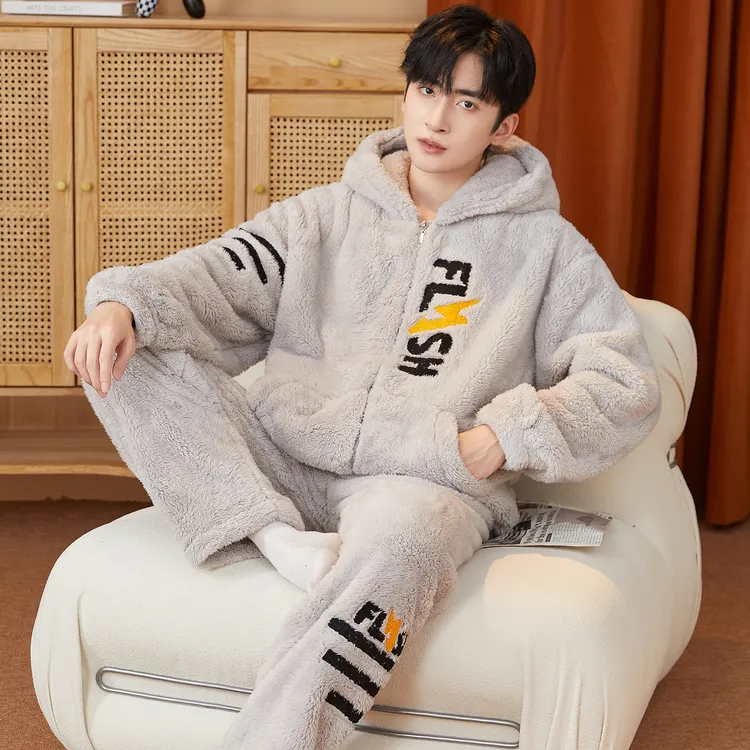 珊瑚绒睡衣男秋冬季男士加绒加厚冬款青少年保暖法兰绒家居服套装
