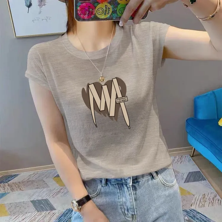 啄木鸟韩版简约薄款短袖t恤女夏季外穿圆领大码竹节棉上衣印花服