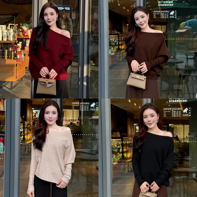 2025秋简约斜肩不规则下摆针织长袖上衣百搭显瘦毛衣