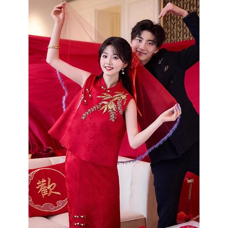 新中式敬酒服新娘2025新款夏季改良旗袍套装订婚礼服小众绝美晨袍
