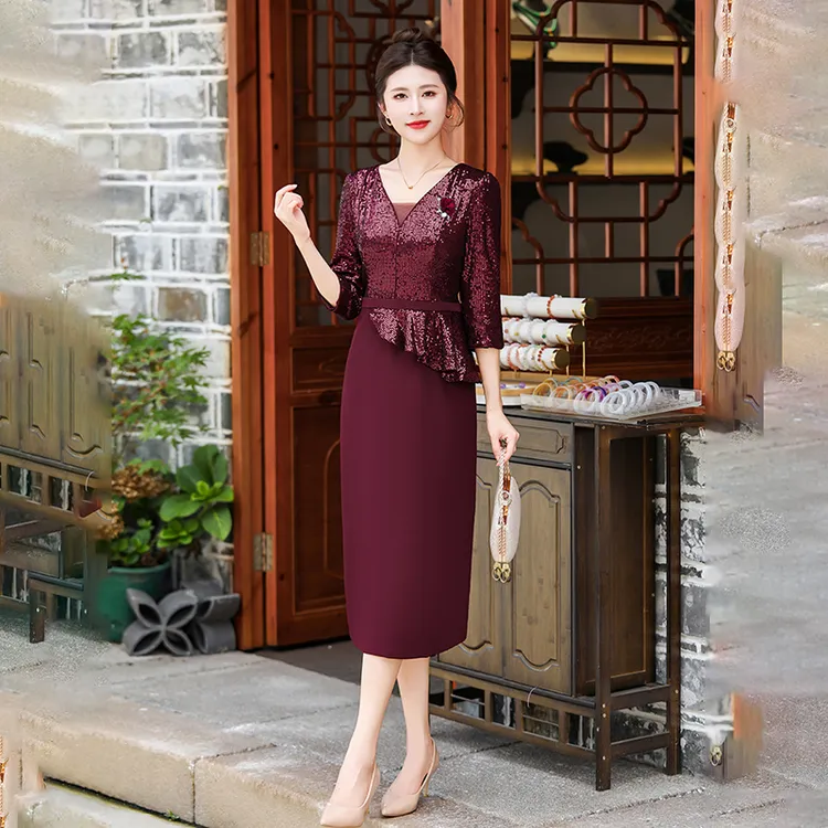 婚礼七分袖V领连衣裙气质高品质敬酒服喜婆婆婚宴礼服长裙子晚装