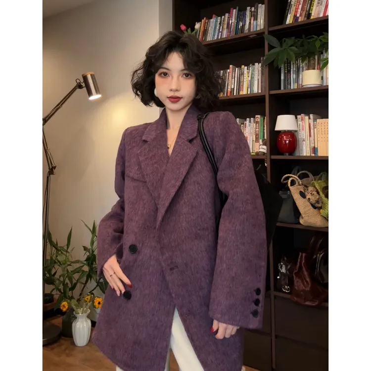 【晴嵛】复古葡萄紫正肩新款加厚双面羊毛大衣（羊驼绒+天丝）