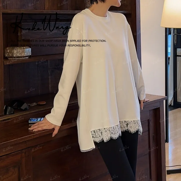 KOKO WANG【惬意】秋冬羊毛混纺时尚蕾丝拼接长袖打底衫N2445J31T42