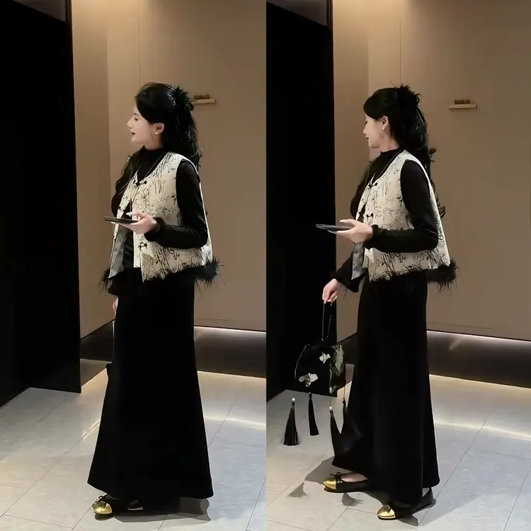 冬装新款新中式国风盘扣夹棉马甲叠穿打底衫半身裙加厚三件套装女