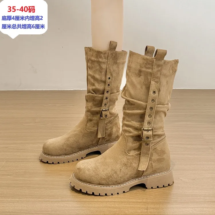 内增高女靴子2025秋冬季新款反绒皮复古风帅气美拉德不过膝中筒靴