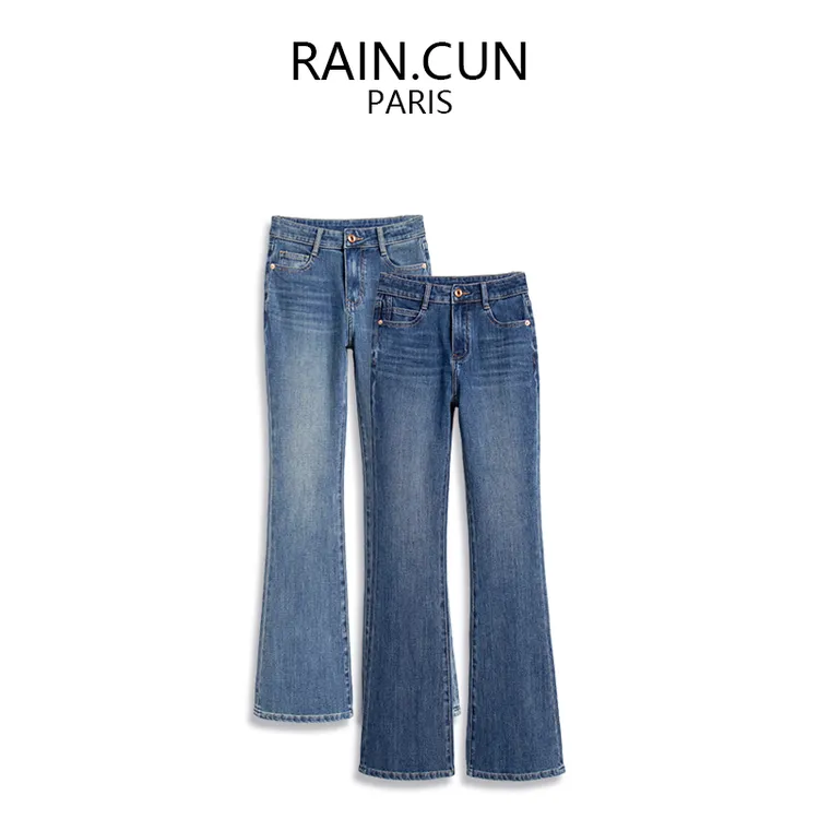 RAIN.CUN秋冬高腰弹力修身加绒微喇牛仔裤女九分小个子裤子性感71