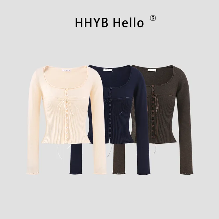 HHYB Hello2025秋冬新款短款修身针织开衫女绑带大圆领上衣M1598