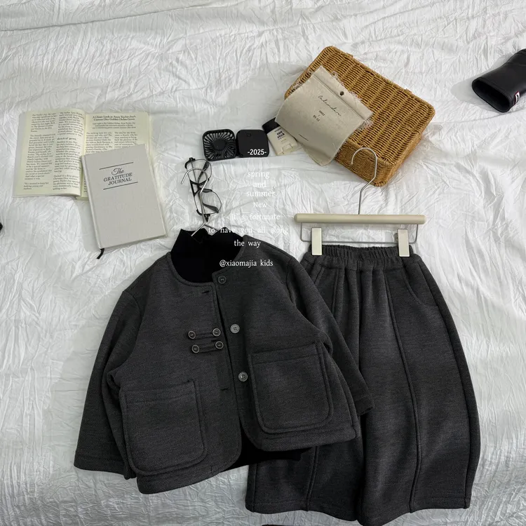 小马家2025冬款儿童加绒一体绒套装D-6752纯色男女同款两件套装