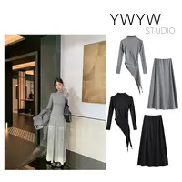 不规则飘带下摆长袖收领修身T恤+弹力修身长裙套装5729