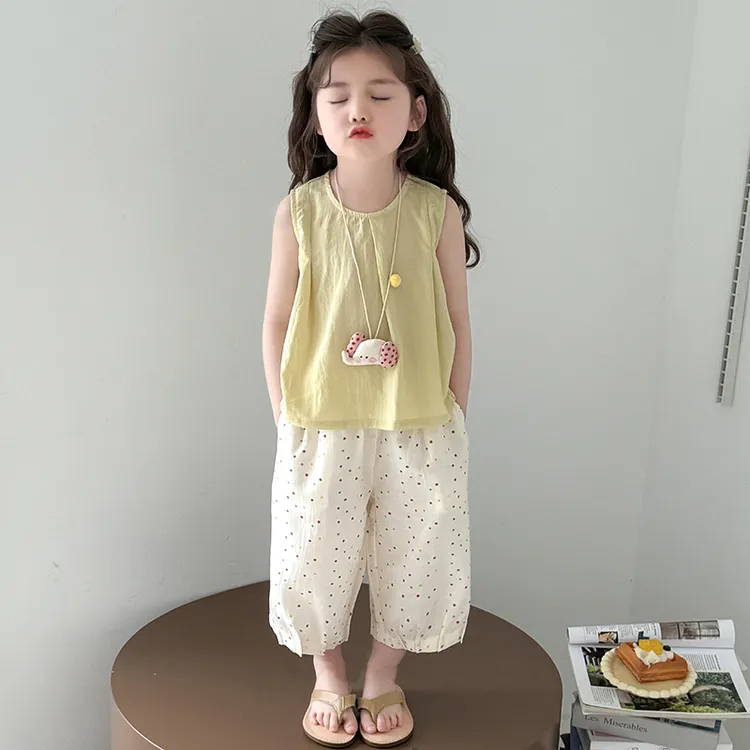 女童夏季洋气韩版无袖阔腿裤套装2025新款小童夏款彩色点点两件套