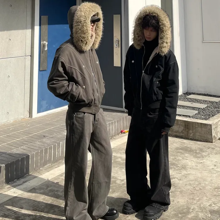 大毛领连帽棉服外套女2025新款美式情侣派克服毛茸茸冬季加厚棉衣