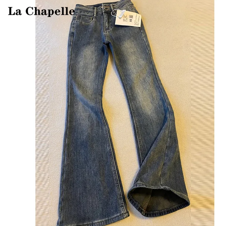 拉夏贝尔复古微喇牛仔裤女2025秋冬爆款高腰显瘦弹力加绒喇叭裤子