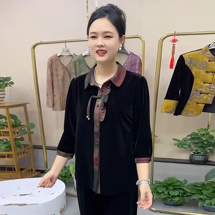 H秋季新款丝绒盘扣拼接翻领开衫上衣女遮肉显瘦小衫中老年女装