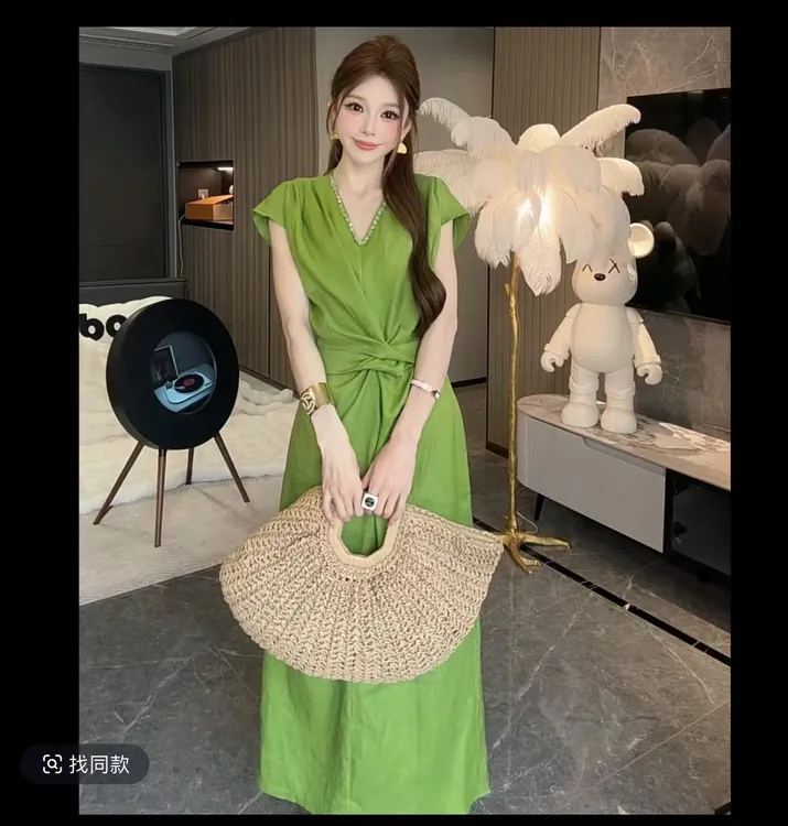 天丝亚麻纯色套头收腰夏装连衣裙显瘦高腰9905