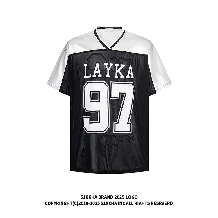 51嘻哈美式复古拼接撞色印花球衣T恤男女街头hiphop宽松情侣短袖