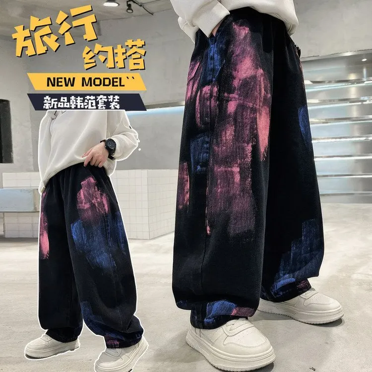 男童加绒牛仔裤秋冬季2024新款儿童装痞帅宽松黑色加厚一体绒裤