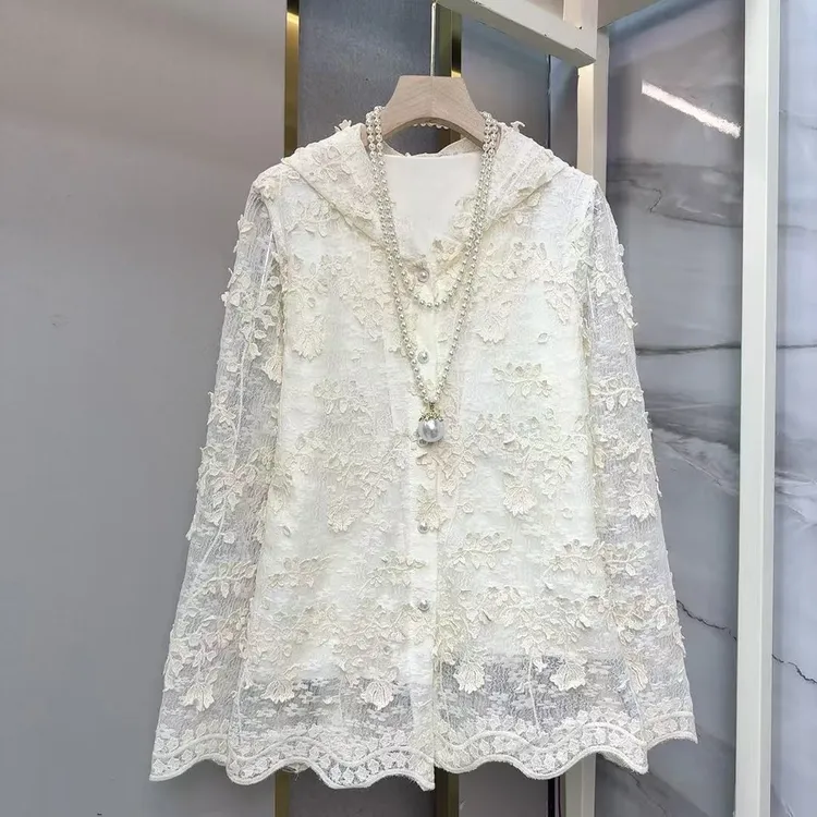 大码法式2025长袖防晒镂空秋季外套新款蕾丝连帽设计宽松百搭上衣