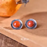 925银珐琅耳饰 【菩银坊】925银手工个性镶嵌红珠耳钉 做旧 气质