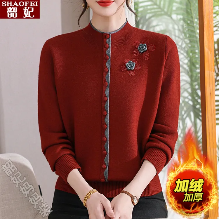 中老年女一体绒针织打底衫妈妈冬装加绒加厚内搭毛衣宽松保暖上衣