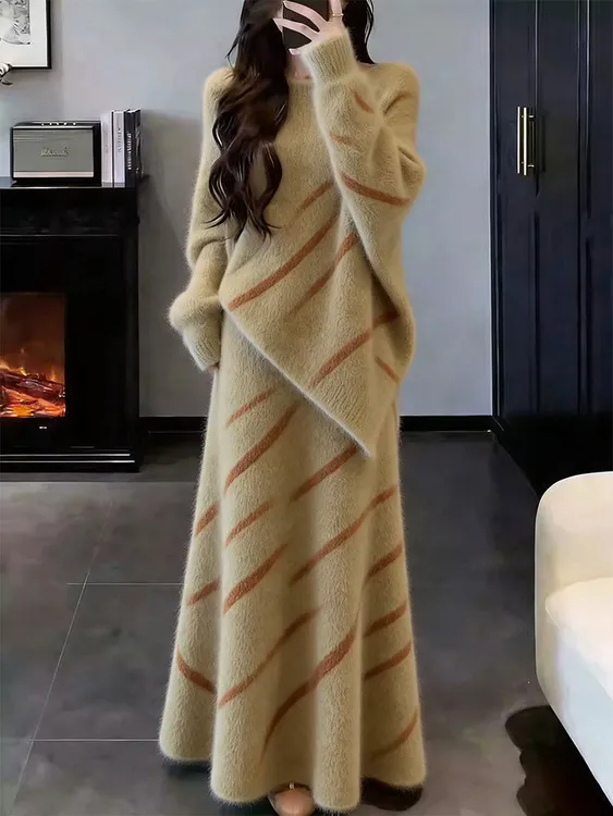 温柔慵懒风条纹毛衣半身裙两件套女秋冬显瘦大码套装宽松长袖长裙