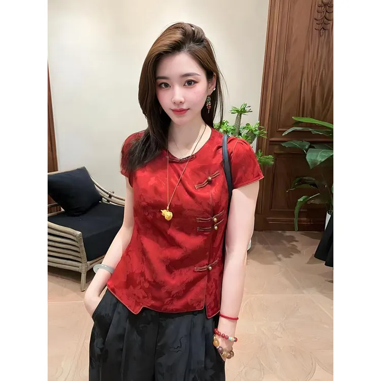 夏超好看独特漂亮高级感小众不撞衫上衣轻奢新中式国风红色衬衫女