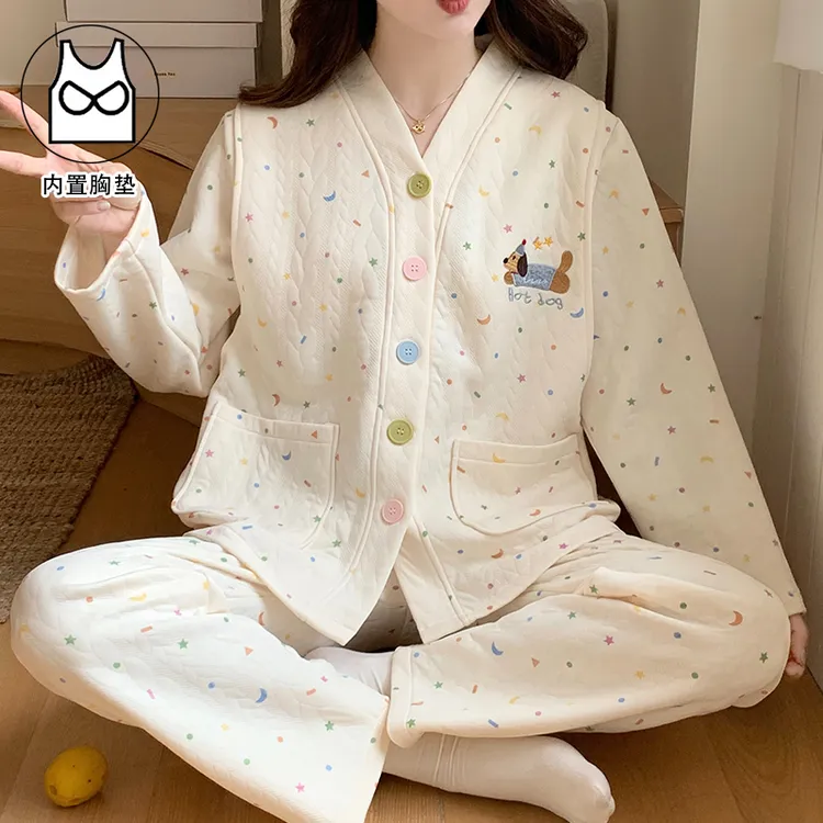 【秋冬-空气棉/带胸垫】孕妇睡衣月子服纯棉冬季10-3月哺乳睡衣喂奶