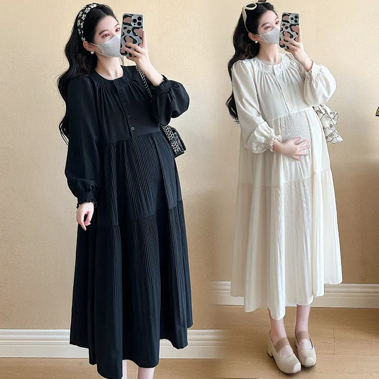 孕妇装2025年秋季新款宽松显瘦压褶休闲百搭中长款气质孕妇连衣裙