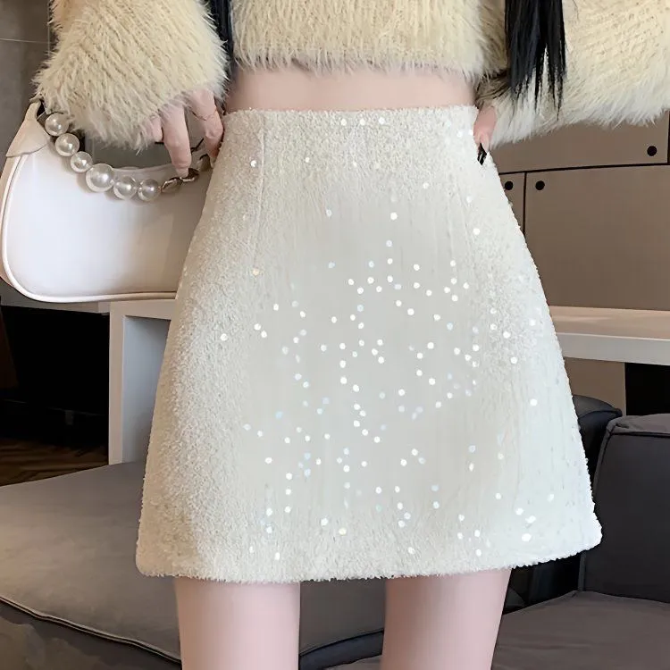 小香风亮片毛呢高腰显瘦A字包臀半身裙女秋冬款