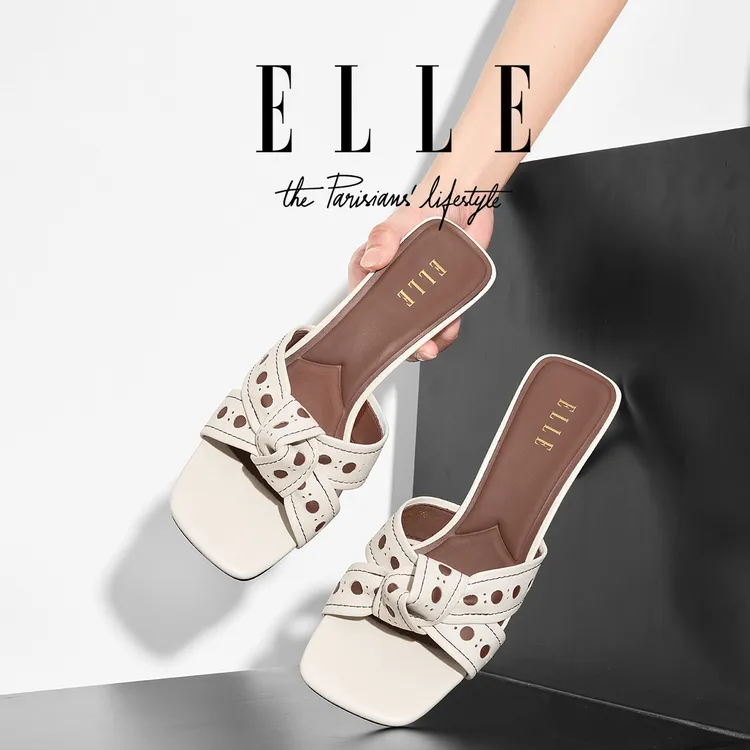 ELLE超软羊皮法式凉拖鞋女款夏季外穿时尚圆点露趾高跟细跟一字拖
